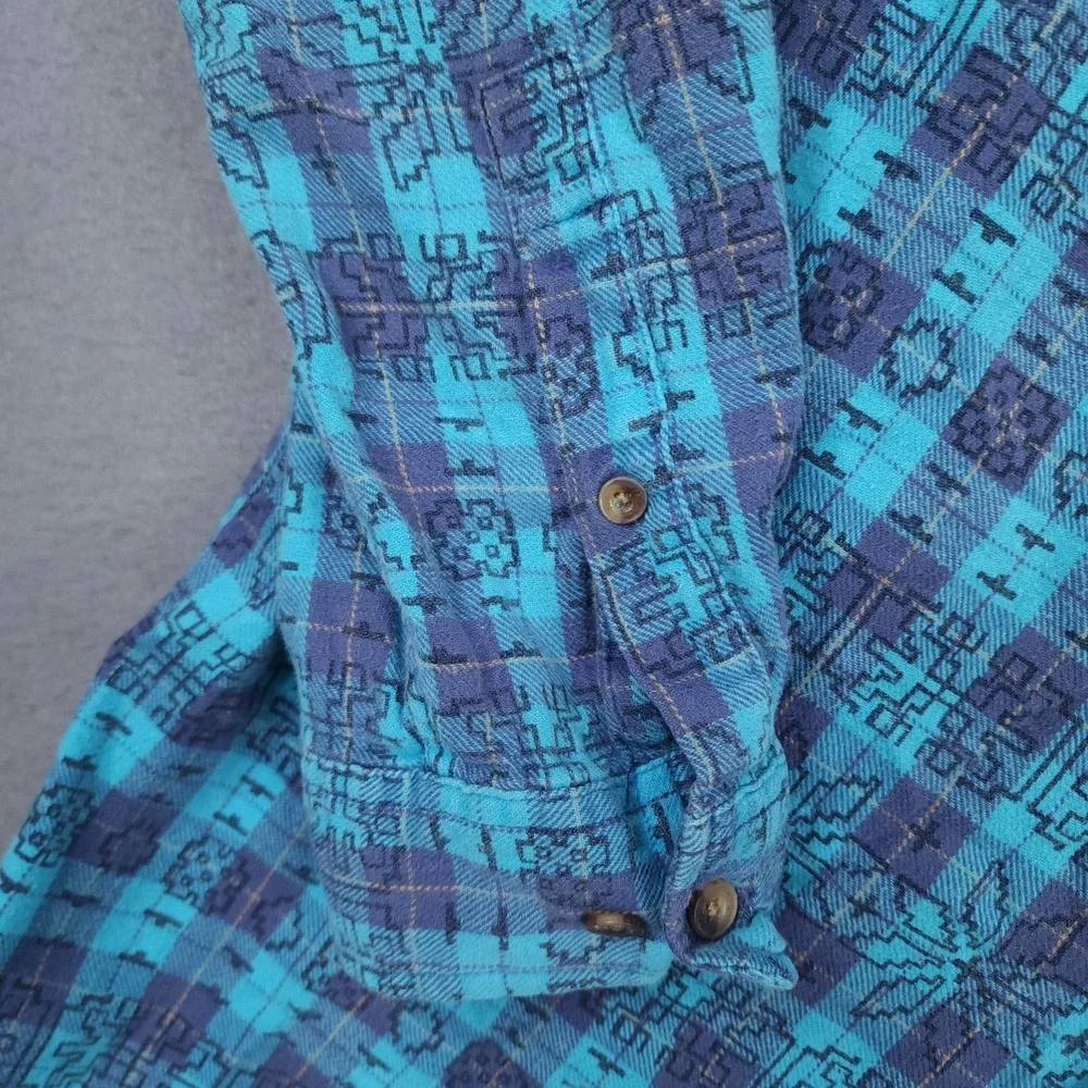 Aeropostale Mens Medium Teal Blue Plaid Southwestern Aztec Flannel Button Shirt
